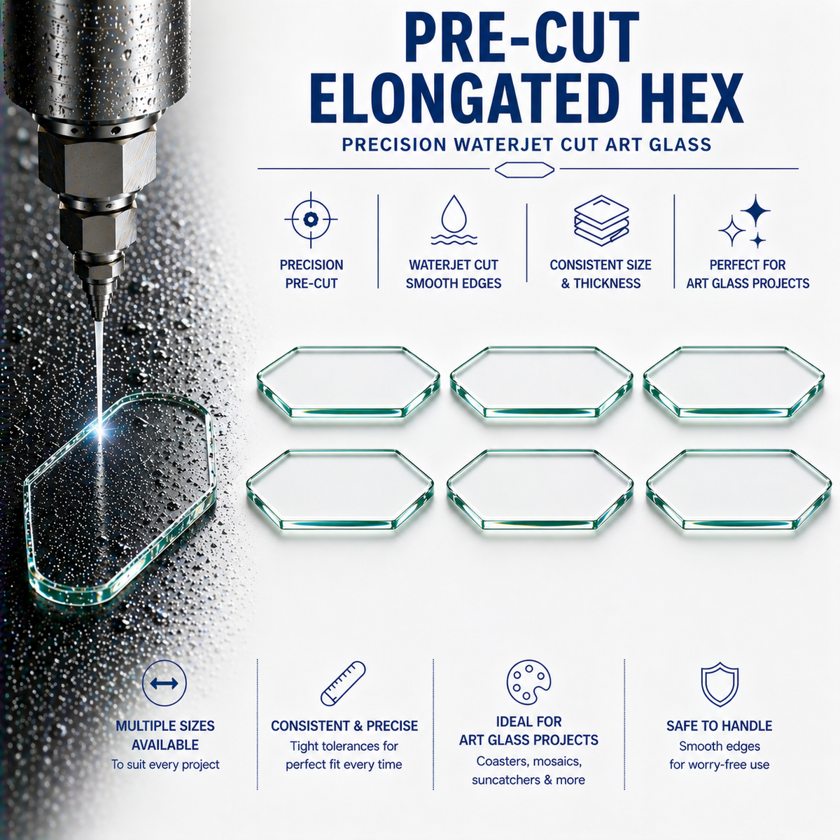 Pre-Cut Elongated Hex Glass Blanks for Fused Glass, Mosaics & Crafts
