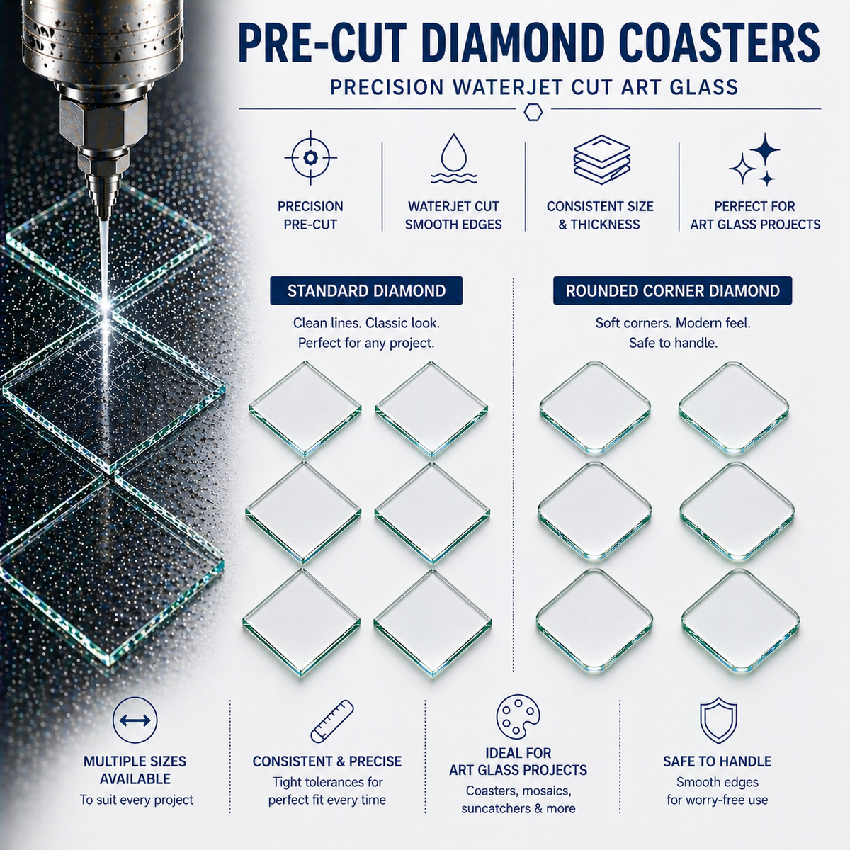 Pre-Cut Diamond Glass Coaster Blanks for Fused Glass, Mosaics & Crafts