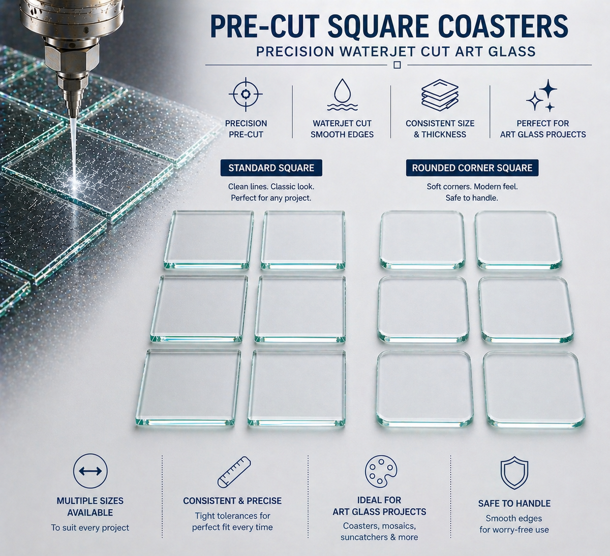 Pre-Cut Square Glass Coaster Blanks for Fused Glass, Mosaics & Crafts